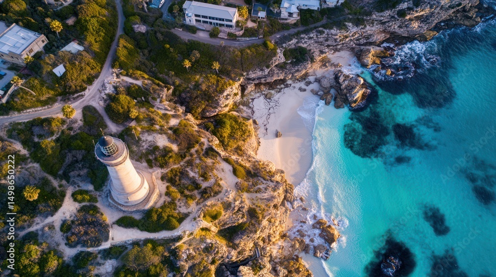 Coastal lighthouse, beach, and turquoise water. Aerial view of a scenic coastal landscape