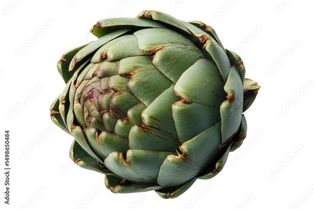 Obraz premium Fresh whole artichoke on black background showcasing natural green texture, cut out