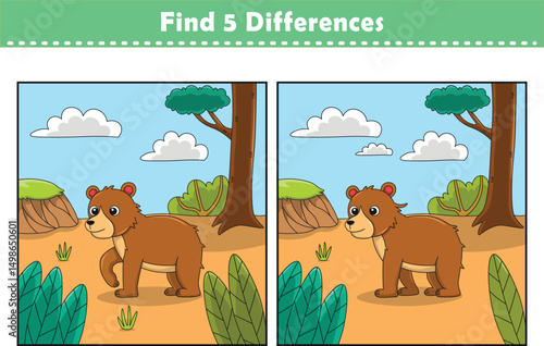 Funny cartoon bear. Find 5 differences. Kids Education games. Cartoon vector illustration