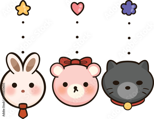 Cartoon cream rabbit star keychain with red tie, Cartoon pink bear heart keychain with red bow, and Cartoon black cat flower keychain with red collar