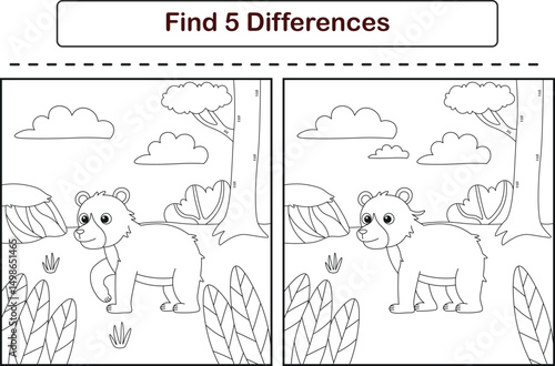 Funny cartoon bear. Find 5 differences. Kids Education games. Cartoon vector illustration