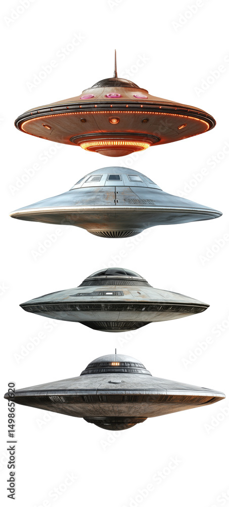 Fototapeta premium Evolution of UFOs Through Time. Transparent Background