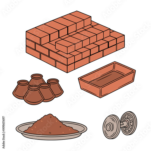 A set of Clay Bricks, lay Tiles, Ceramic Raw Materials white background