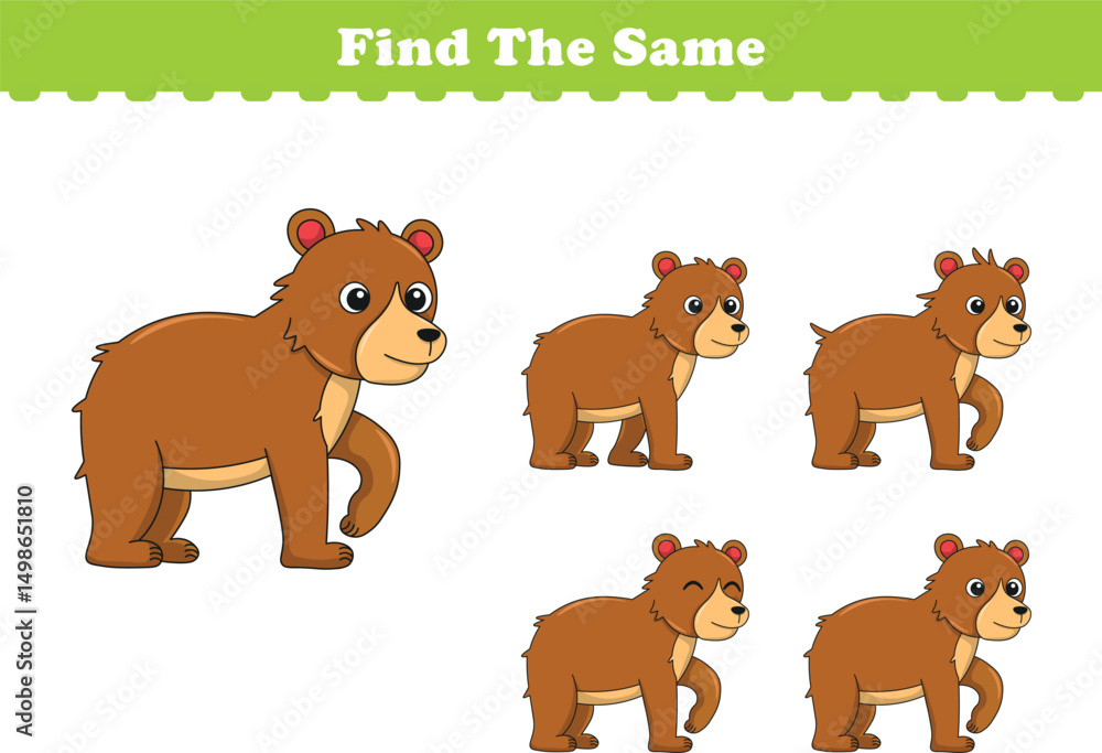 Fototapeta premium Funny cartoon bear. Find same pictures. Educational game for children. Cartoon vector illustration