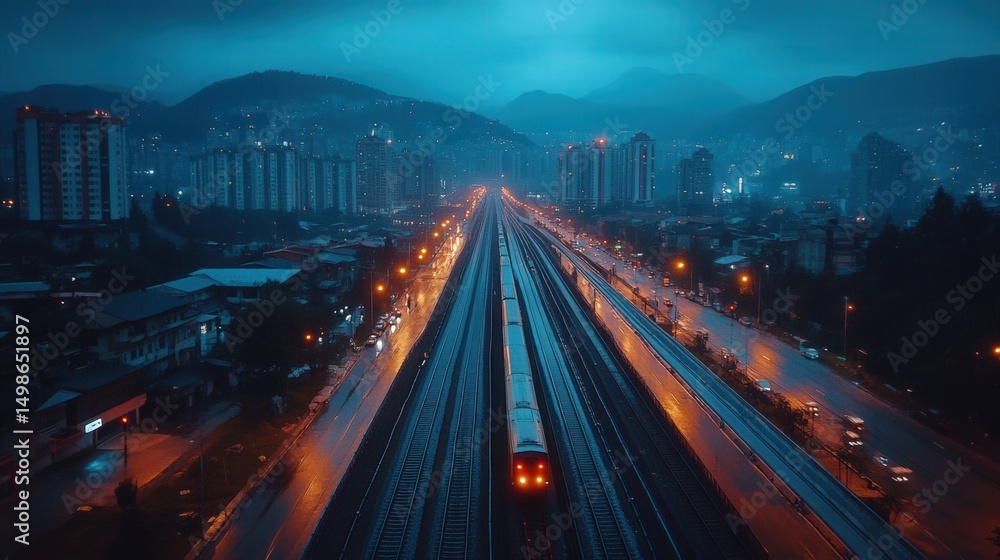 Obraz premium A train travels through the urban landscape at night, city lights reflecting in the distance.