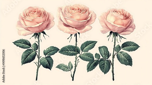 Three pink roses, botanical illustration
