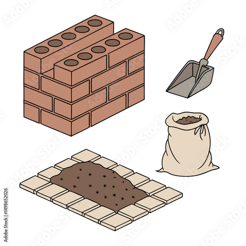 Construction materials illustration set with brick wall mortar and trowel