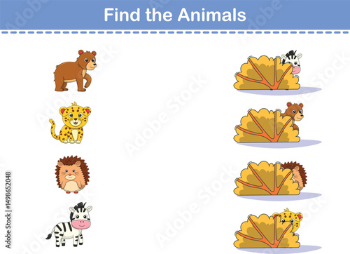 Find Hiding Animals. Child Exercise Sheet with wild animals. Printable worksheet. Cartoon vector illustration