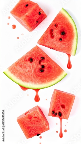 Sliced Watermelon with Juice Dripping and Chunks Scattered on Isolated White Background Scene