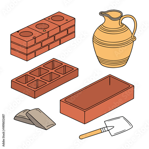 A set of Clay Bricks, lay Tiles, Ceramic Raw Materials white background