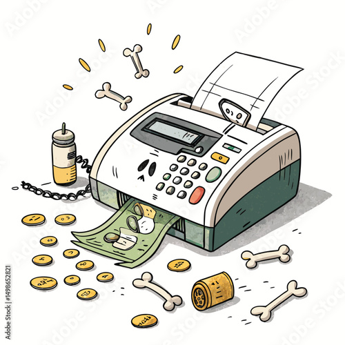 A cute, kawaii-style fax machine,  in pastel colors, violently vomiting a chaotic mix of bones and gold coins.  Bei (1) style.