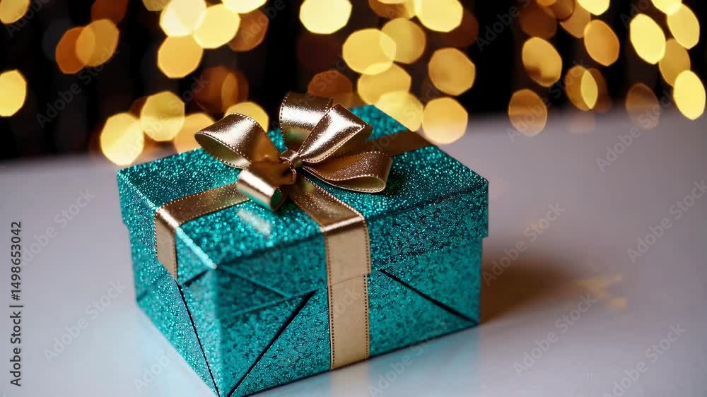 Shimmering gift box with golden bow in front of warm bokeh lights Shimmering gift box with golden bow in front of warm bokeh lights