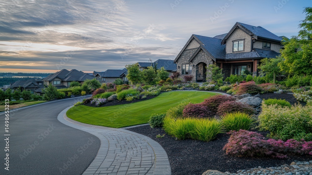 Suburban home with meticulously landscaped yard, dramatic sunset view
