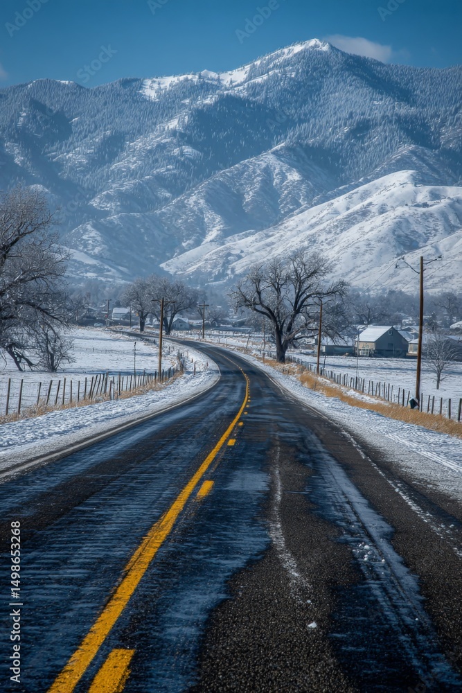 Fototapeta premium Snowy Country Road Winding Through Mountains
