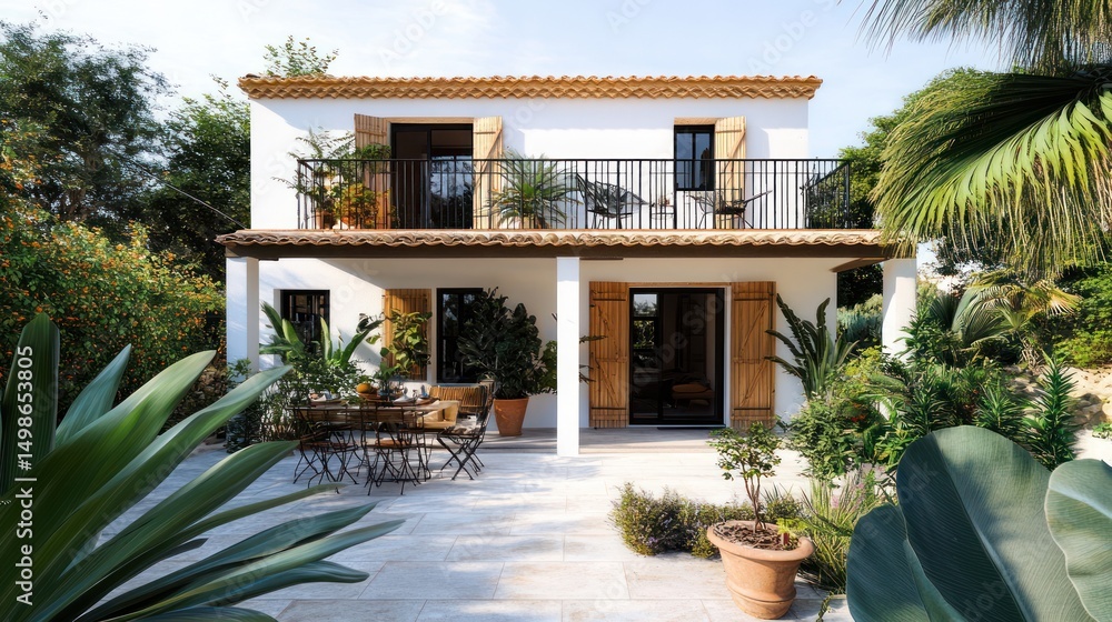 Mediterranean-style house with outdoor patio. Spacious and bright home with lush greenery