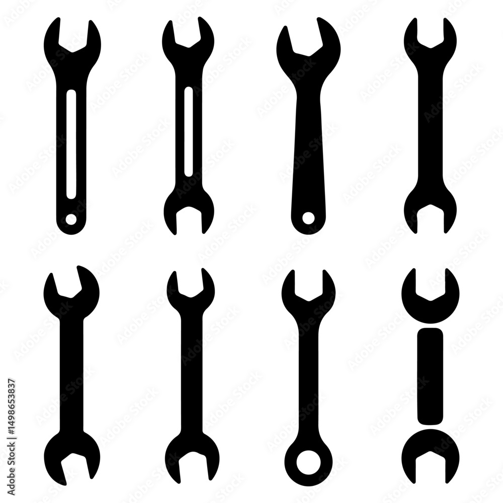 Tools Icon Set, wrench black silhouette vector collection on isolated white background Tools Icon Set, wrench black silhouette vector collection on isolated white background