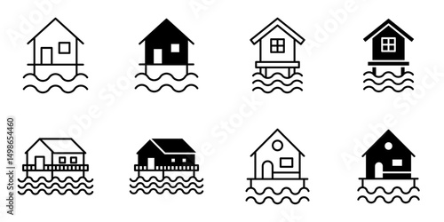 beach house, resort, bungalow icon set