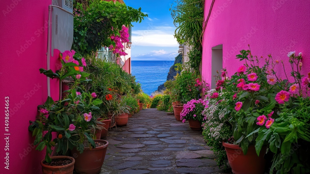 Vibrant pink alleyway, flourishing gardens, ocean vista