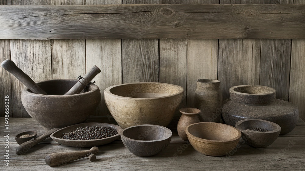 Rustic wooden bowls and mortars, set against a weathered wooden backdrop