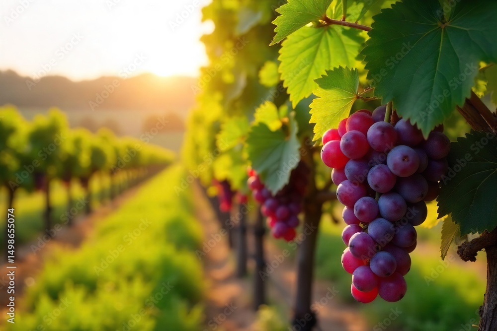 Fototapeta premium Sun-drenched rows of ripe grapes hanging heavy on the vine in a picturesque vineyard, ready for harvest Golden sunlight bathes the landscape , eco-friendly, sun, vineyard landscape