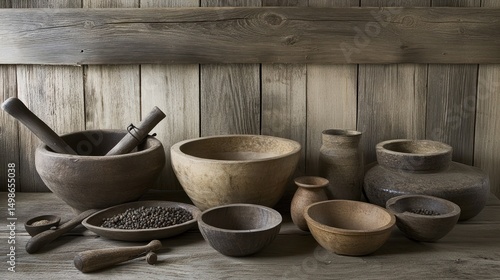 Obraz na płótnie Rustic wooden bowls and mortars, set against a weathered wooden backdrop w salonie