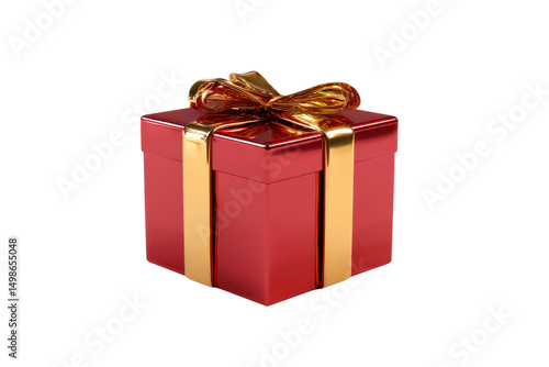 Shiny red gift box with gold ribbon and bow, cut out