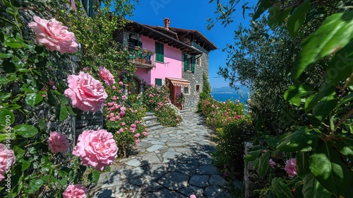 Obraz na płótnie Pastel-colored house nestled amidst vibrant pink roses w salonie