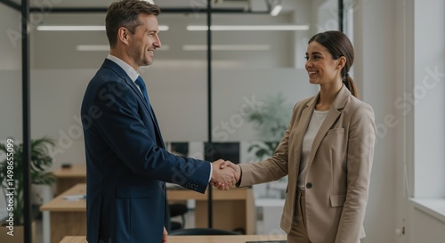 Business professionals shaking hands in modern office setting  