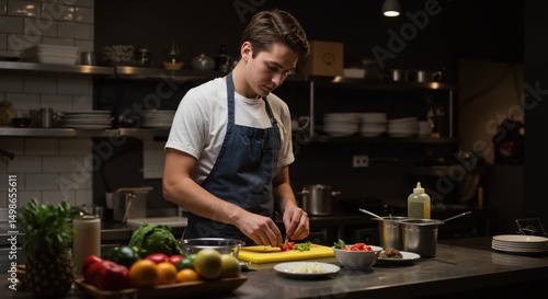 Young man chopping vegetables in modern kitchen during evening  