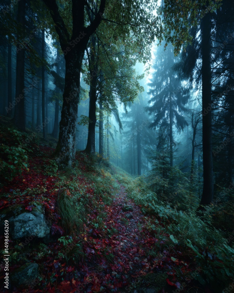 Fototapeta premium Autumn Forest Path Shrouded in Fog