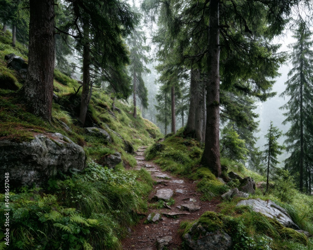 Misty Forest Path Winding Through Lush Green Mountains Misty Forest Path Winding Through Lush Green Mountains