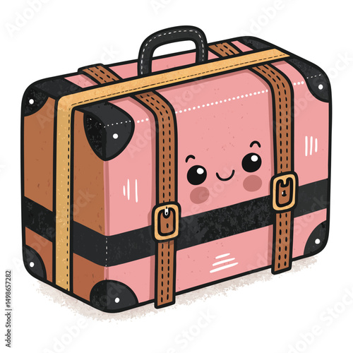 A cute, overloaded kawaii suitcase bursting at the seams, unable to zip closed, with a pleading expression.