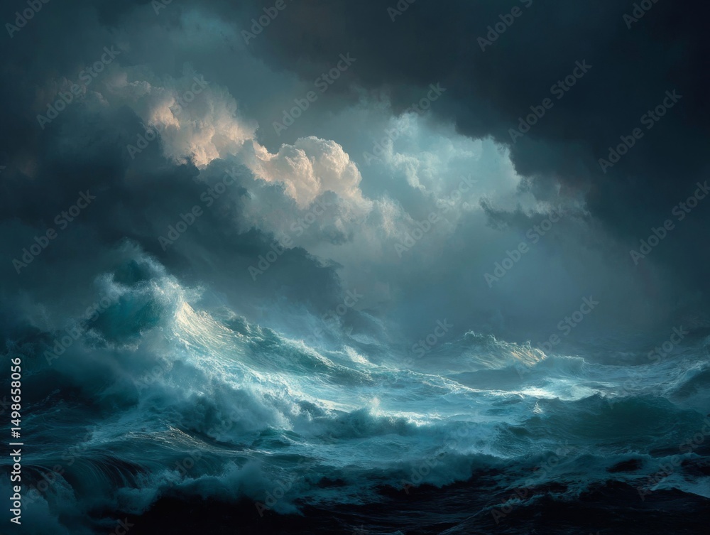 Obraz premium Dark Dramatic Ocean Storm with Powerful Waves