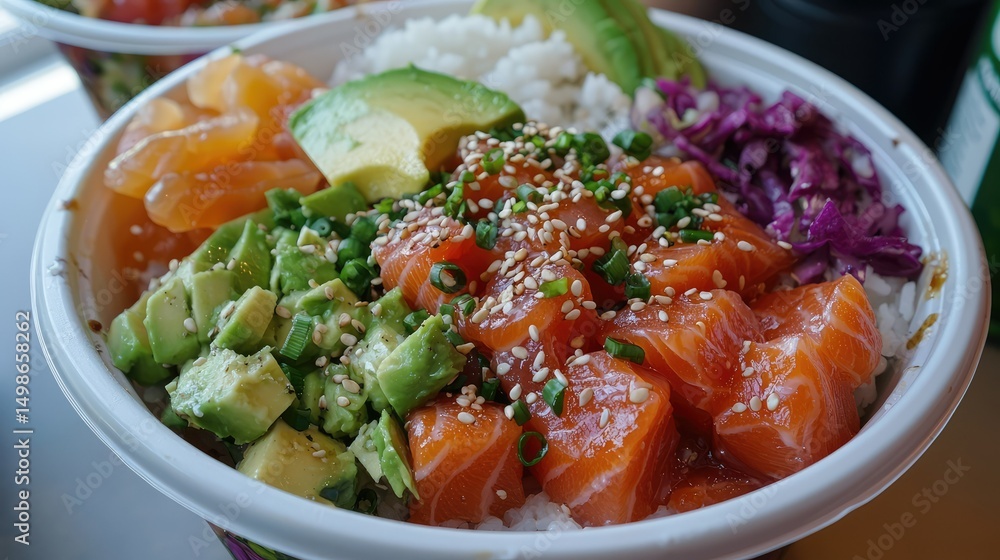 A colorful salmon poke bowl with rice, avocado, and sesame seeds A colorful salmon poke bowl with rice, avocado, and sesame seeds