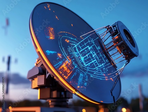 A futuristic dish antenna projecting vibrant blue signal waves photo