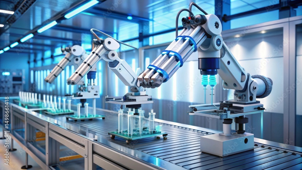 Automated robotic arms precisely manage and manipulate small cylindrical containers on a modern assembly line in a high-tech facility Automated robotic arms precisely manage and manipulate small cylindrical containers on a modern assembly line in a high-tech facility
