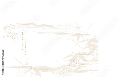Japanese background with hand drawn wave in vintage style. Abstract Art chinese landscape with branch of bamboo leaf banner design. 