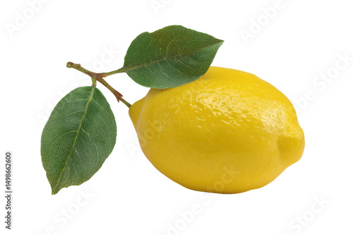 Fresh yellow lemon with green leaves on black background, cut out