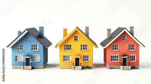 Wallpaper Mural Three colorful houses in a row against a white background showcasing architectural details and design Torontodigital.ca