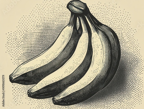 Retro vector style of banana bunch with halftone texture 