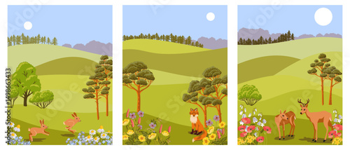 vector drawing set of cards with summer landscape with flowers, deer, sun and trees, hand drawn illustration