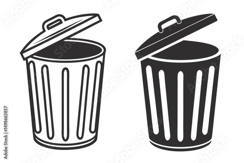 Trash Can Vector Illustration: Open Lid, Minimalist Style, Black and White, Garbage Disposal Icon, Clean Design.