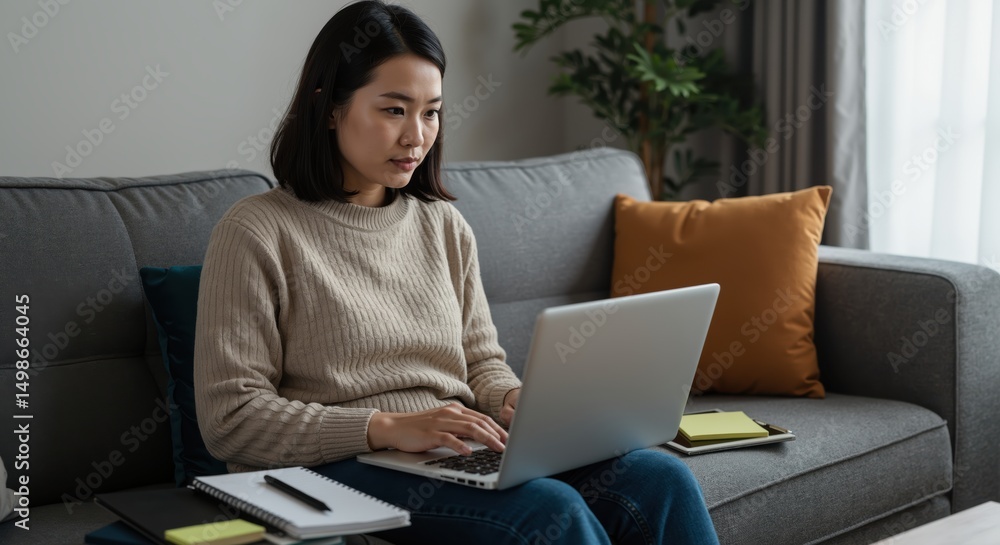 Naklejka premium Woman typing on laptop while sitting on couch in modern living room