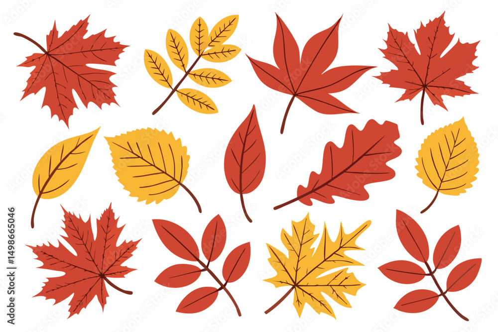 Colorful Autumn Leaves Set Isolated on White Background, Various Fall Foliage Illustrations for Seasonal Designs and Decor. Colorful Autumn Leaves Set Isolated on White Background, Various Fall Foliage Illustrations for Seasonal Designs and Decor.