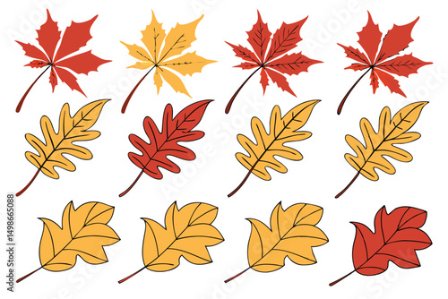 Autumn Leaves Vector Collection: Stylized Maple and Oak Leaves in Red and Yellow, Isolated on White Background.
