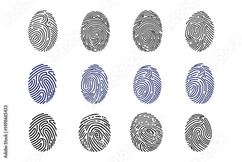 Fingerprint patterns for security, bio metric, identification, or forensic analysis set silhouette illustration