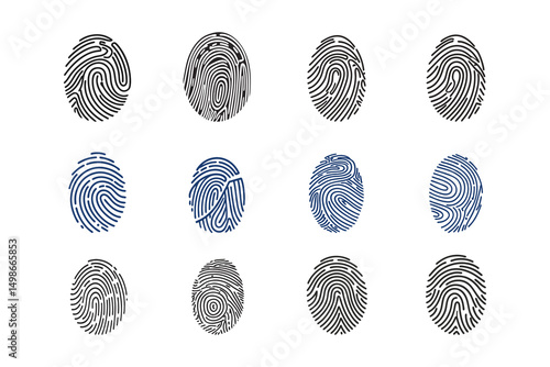 Fingerprint patterns for security, bio metric, identification, or forensic analysis set silhouette illustration