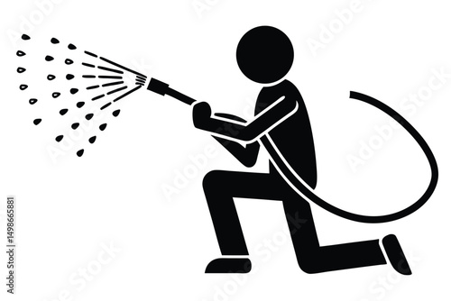 Black Pictogram Figure Spraying Water with Hose on Knees, Simple Vector Illustration for Cleaning, Firefighting or Irrigation.