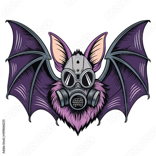 Generate a digital painting of a pastel-colored bat wearing a gas mask, possessing skeletal wings, and a purring expression.  The style should be whimsical and slightly unsettling.