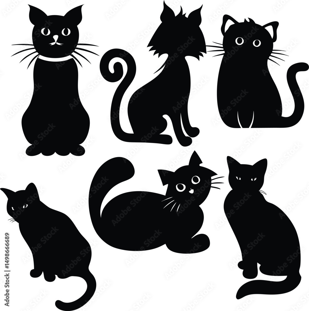 Obraz premium Collection of Six Cute Black Cat Silhouettes